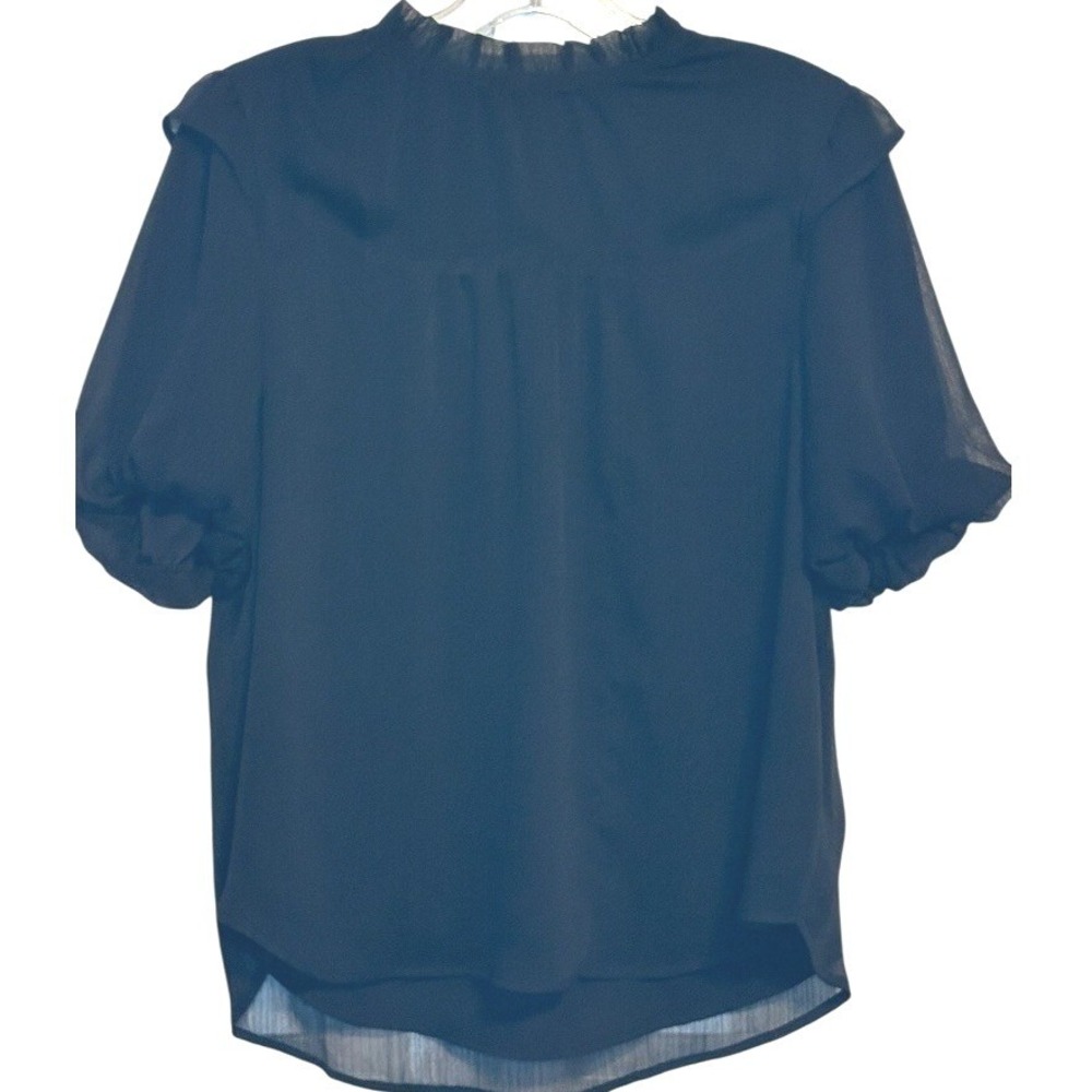 LOFT Blouse Women Black Ruffle Mock Neck Puff Sleeve Chic Chiffon Elegant LP